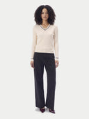 Cashmere Silk Cricket V-Neck Sweater in Pure White, worn by a model