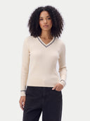 Cashmere Silk Cricket V-Neck Sweater in Pure White, worn by a model