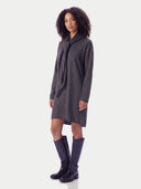 Cashmere Scarf-Belt Tunic Dress in charcoal, worn by a model