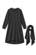 A long-sleeve high-low knit dress in deep burgundy, shown with a matching folded scarf on a plain white background.