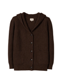 Wide-Shoulder Hooded Cashmere Cardigan in Deep Mole with a sculptural silhouette and rich textured detailing.
