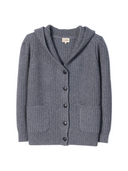 Wide-Shoulder Hooded Cashmere Cardigan in dark gray with hood, button closure, and textured ribbing.