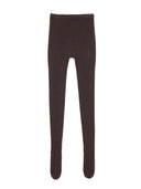 High-Rise Cashmere Knit Tights in dark brown, featuring opaque top and sheer ajour pattern at mid-thigh.