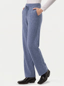 Model wearing the Cashmere Straight Leg Jogger in Gray, three-quarter side view