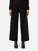 Women's Wide-Leg Cashmere Pants Black worn by model, detail view on white background