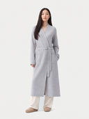 Model wearing the Cashmere Belted Robe Cardigan in Light Gray, full-length front view