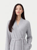Model wearing the Cashmere Belted Robe Cardigan in Light Gray, close front view