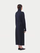 Model wearing the Cashmere Belted Robe Cardigan in Navy, back view
