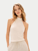 Women's Organic Cashmere Turtleneck Top Off White worn by model detail view on white backround