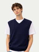 Timeless V-Neck Cashmere Vest Navy Blazer worn by model, detail view, on white background