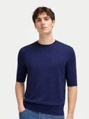 Men's Silk Cashmere Crew Neck T-Shirt worn by model, detail view on white background