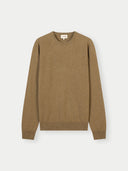 A classic crewneck knit cashmere sweater in a warm camel brown color, displayed flat against a solid white background. 
#color_muted-green