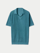 Open Collar Cashmere Silk Polo Shirt Mineral Green detail view on white background
