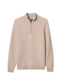 Men's Natural Color Cashmere Waffle Knit Half-Zip Sweater in dusty beige, showcasing a textured waffle knit and ribbed trims.