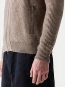 Men's Twо-Tone Full-Zip Cashmere Cardigan Taupe  worn by model, detail view on white background