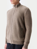 Men's Twо-Tone Full-Zip Cashmere Cardigan Taupe  worn by model, detail view on white background