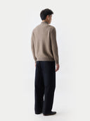 Men's Twо-Tone Full-Zip Cashmere Cardigan Taupe  worn by model, back view on white background