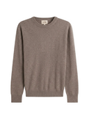 Timeless Organic Crewneck Cashmere Sweater in taupe, crafted from ultra-soft Mongolian cashmere for comfort.