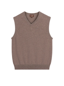 Timeless Organic V-Neck Cashmere Vest in taupe, showcasing soft Mongolian cashmere and a refined sleeveless design.