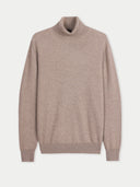 Men's Taupe Turtleneck Cashmere Sweater detail view on white background