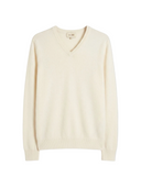 Timeless Organic V-Neck Cashmere Sweater in off-white, featuring refined ribbed trim and soft Mongolian cashmere fibers.