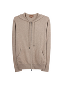 Men's Zip-Up Cashmere Hoodie in soft taupe with adjustable straps and front pockets, crafted from 100% cashmere.