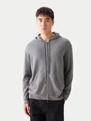 Men's Zip-Up Cashmere Hoodie Dim Gray worn by model, detail view on white background