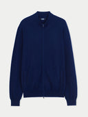 Men's Navy Cashmere Polo Sweater detail view on white background