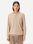 Men's Beige Cashmere Polo Sweater  worn by model, detail view on white background