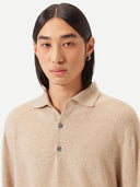 Men's Beige Cashmere Polo Sweater  worn by model, detail view on white background