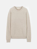 A light beige crewneck cashmere sweater with a textured waffle knit pattern, shown flat against a light gray background. #color_taupe