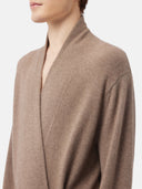 Men's Cashmere Robe Taupe worn by model, detail view on white background