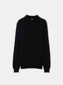 Black long-sleeve cashmere polo shirt on a light gray background. #color_black