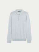 A light blue long-sleeve cashmere polo shirt with a three-button placket, displayed flat against a light gray background. #color_soft-ice
