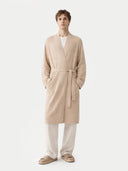 Organic Colour Men's Cashmere Robe Beige worn by model, front view on white background
