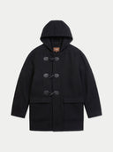 A black hooded duffle coat with four toggle closures and large front patch pockets, shown flat against a light gray background.
