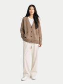Women's Relaxed-Fit Cashmere Cardigan Taupe  worn by model, front view on white background