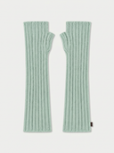 A pair of ribbed knit fingerless gloves in a light mint green color, displayed flat against a light gray background.