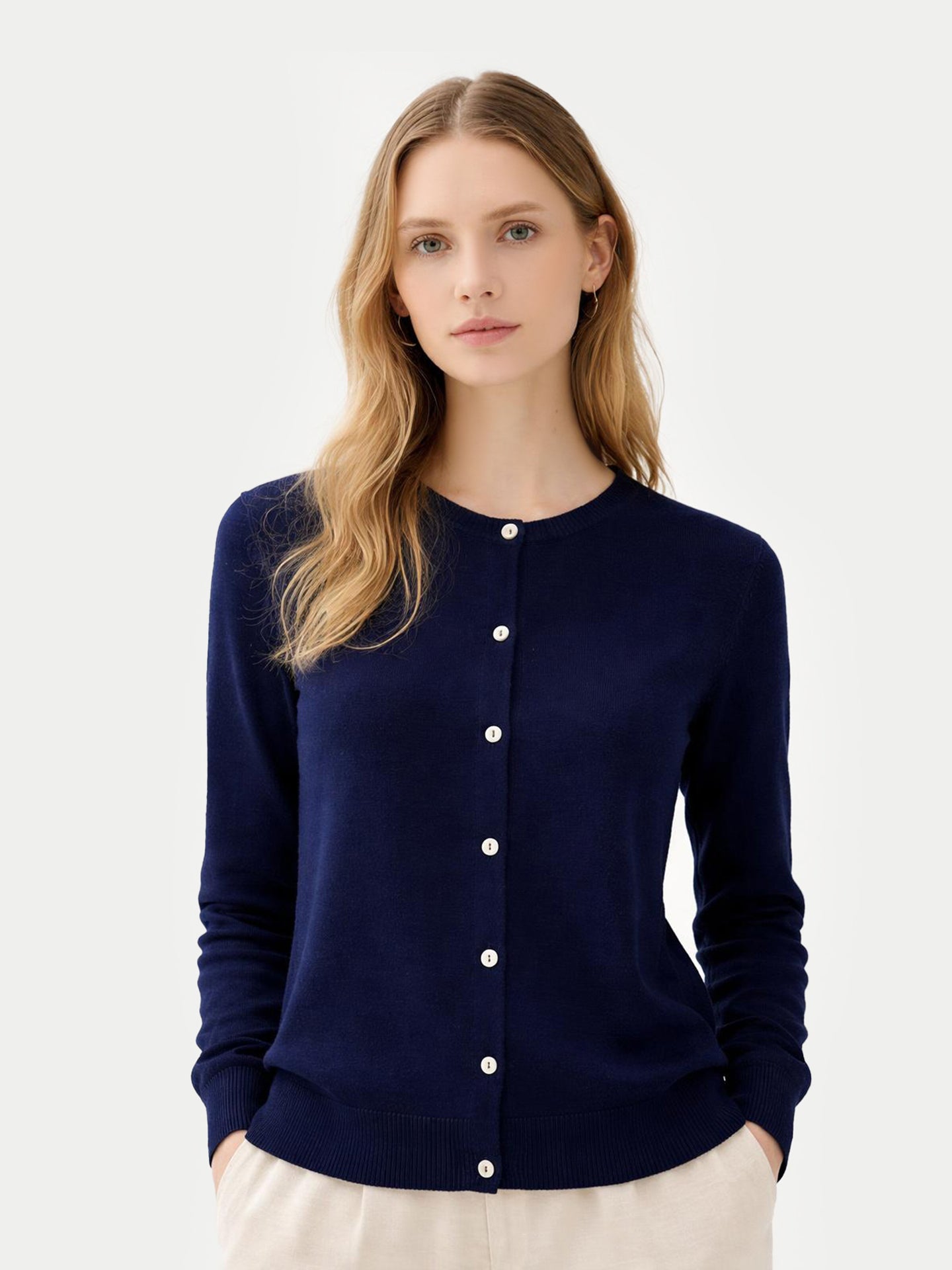 Navy Blue Crew Neck Cashmere Cardigan for Women