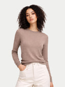 Women's  C-Neck  Cashmere Sweater Taupe worn by model, detail view on white background