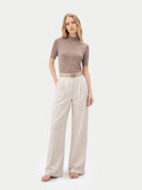 Women's Cashmere Silk Shirt with High Neck Taupe  worn by model, front view on white background
