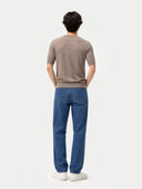 Men's Silk Cashmere Crew Neck T-Shirt Taupe worn by model, back view on white background