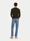 Men's Cocoa Crewneck Cashmere Sweater worn by model, back view on white background