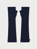 Flat lay of the Cashmere Rib-Knit Fingerless Gloves in Navy, showing thumb openings and long ribbed cuffs