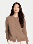 Women's Taupe Cashmere Crewneck Cardigan worn by model, detail view on white background