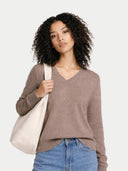 Timeless Organic Cashmere V-Neck Sweater Taupe  worn by model, detail view, on white background