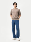Men's Silk Cashmere Crew Neck T-Shirt Taupe worn by model, front view on white background