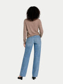 Timeless Organic Cashmere V-Neck Sweater Taupe  worn by model, back view, on white background