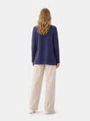 Women's Ajour Knit Open-Front Cashmere Cardigan Crown Blue worn by model, back view on white background
