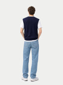 Timeless V-Neck Cashmere Vest Navy Blazer worn by model, back view, on white background